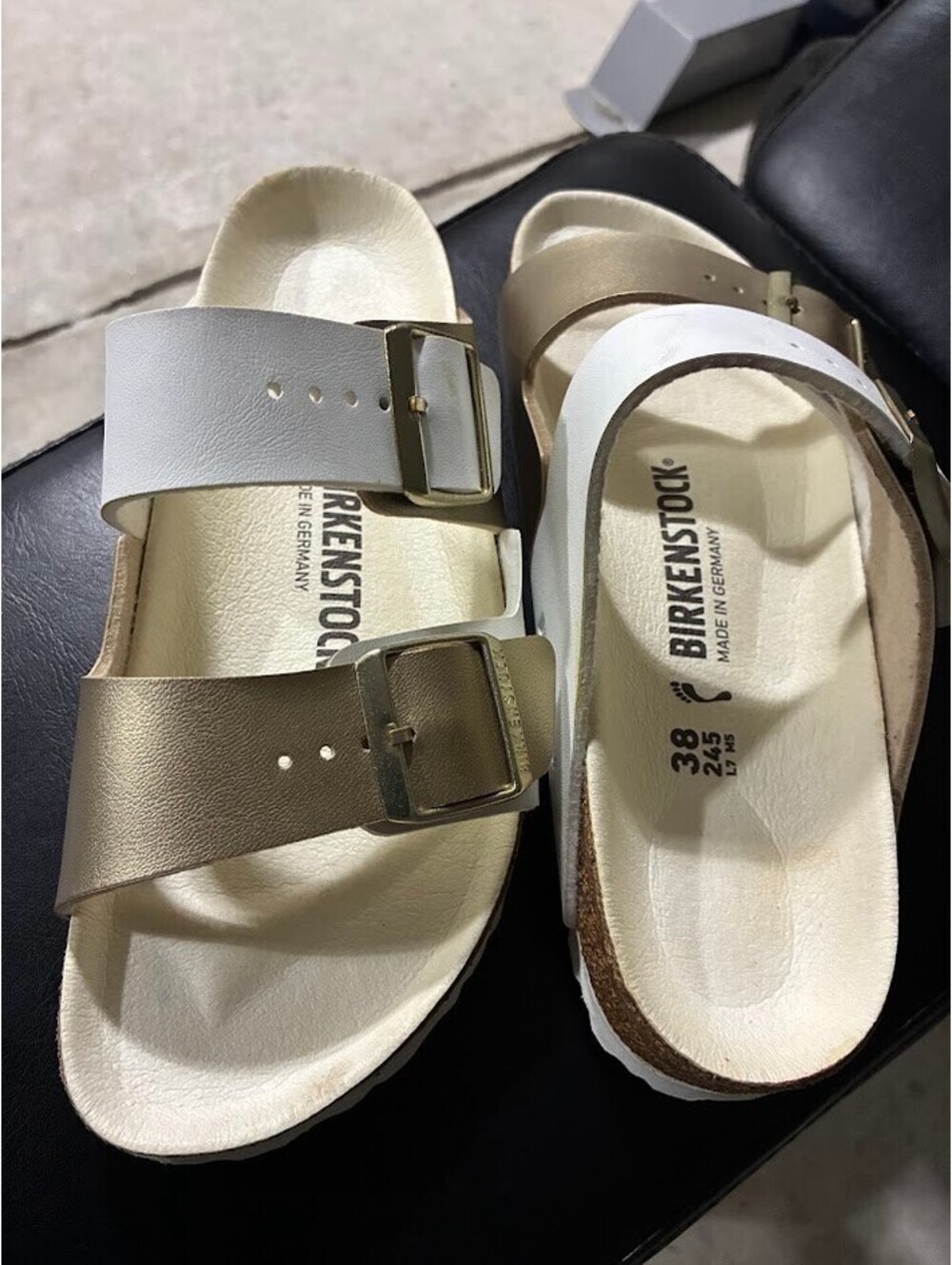 Birkenstock Arizona Two-Tone White and Gold Sandals Size 38